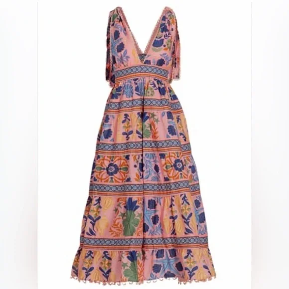 FARM Rio Pink Floral Tiered V-Neck Midi Dress - Picture 3 of 3